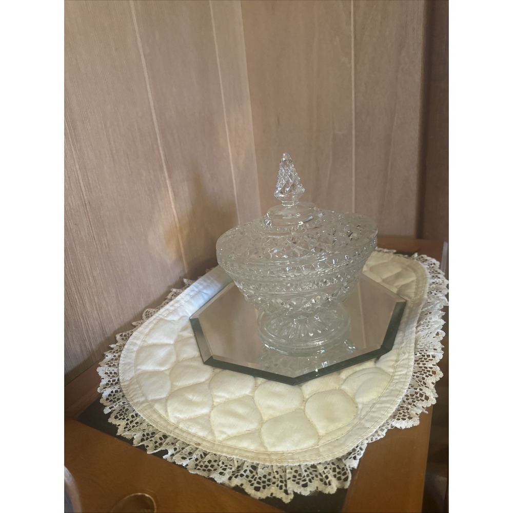 Vintage Anchor Hocking Wexford Diamond Footed Candy Dish with Lid 7  1/2" Tall‎